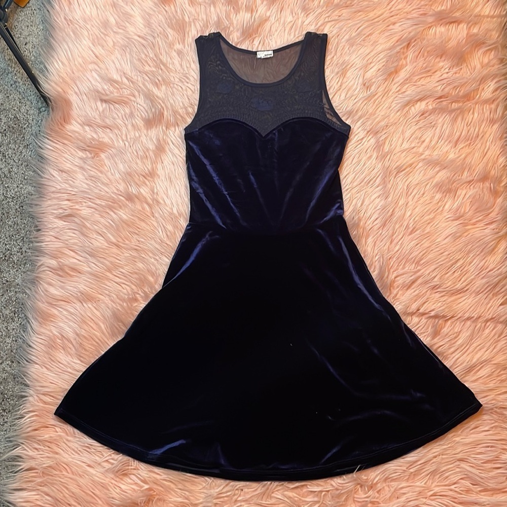 Garage Navy Blue Sheer Velvet Mini Skater Dress Size Small